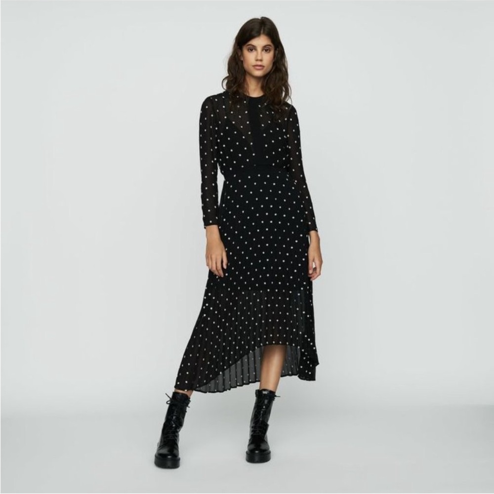 Maje Rivoli Floral Embroidered Black Pleated Midi Dress